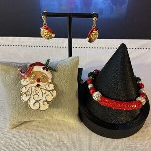 Gold Tone Santa Brooch, Bracelet and Earring Set